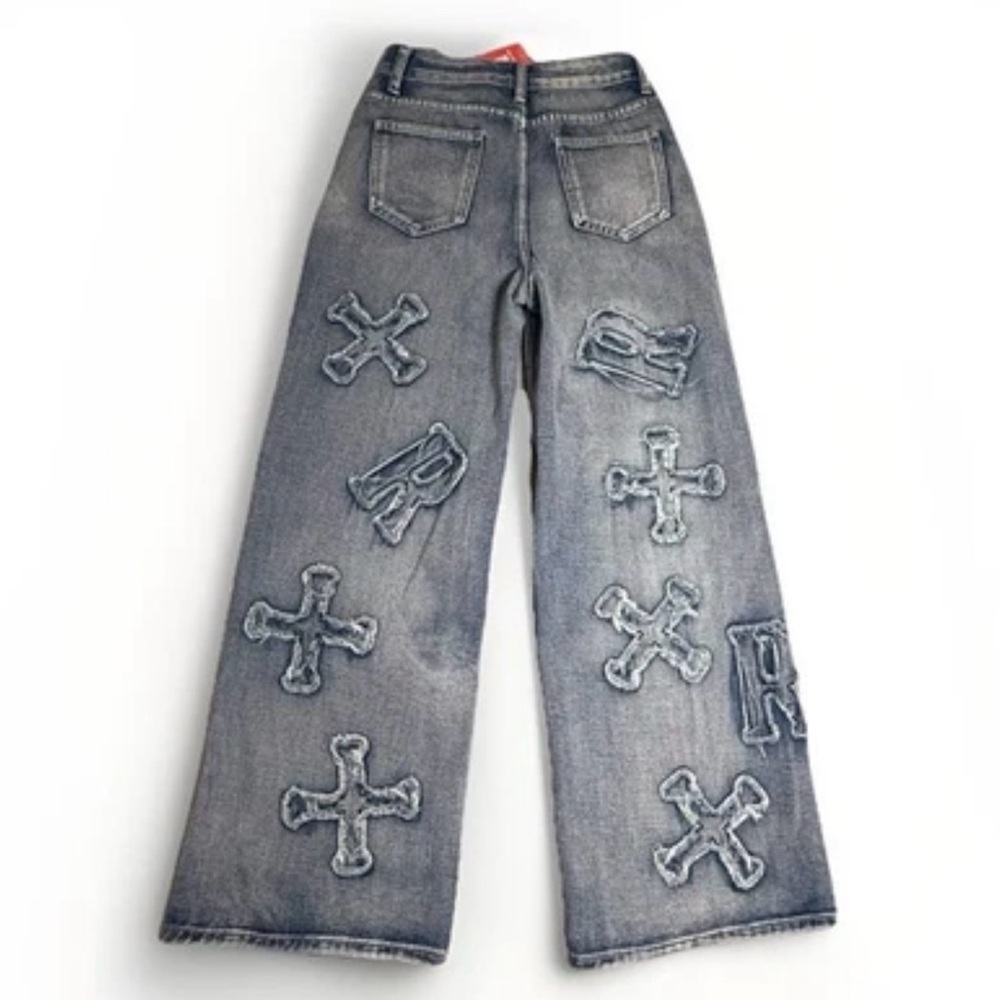 ROWME JEANS Patched Grunge Punk Letter Pattern Distressed Wide Leg Baggy 2 XS - Picture 3 of 11
